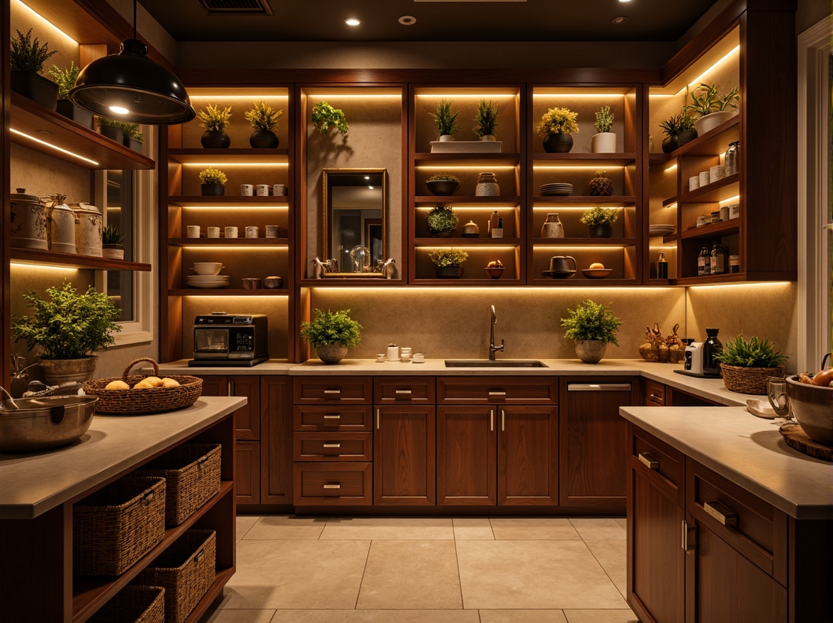 Prompt: Warm pantry, soft warm lighting, pendant lamps, recessed lights, LED strips, natural wood tones, polished chrome fixtures, matte black hardware, glass-front cabinets, open shelving, woven baskets, ceramic jars, ambient glow, cozy atmosphere, 3/4 composition, shallow depth of field, realistic textures, subtle shadows.