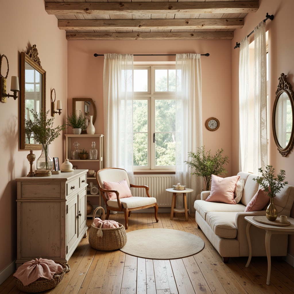 Prompt: Soft, feminine shabby-chic interior, distressed wooden furniture, vintage decorative items, lace curtains, pastel color palette, warm beige walls, soft peach accents, muted rose hues, creamy whites, weathered wood tones, natural textiles, floral patterns, delicate ornaments, ornate mirrors, rustic metal fixtures, warm golden lighting, soft focus, shallow depth of field, 1/1 composition, romantic atmosphere.Please let me know if this meets your requirements or if you need any adjustments!