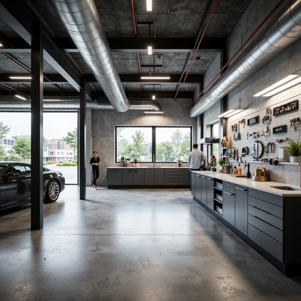 Prompt: Industrial-style garage, polished concrete floors, grey and white tones, minimalist decor, sleek metal accents, exposed ductwork, industrial lighting, functional workstations, tool organizers, epoxy coatings, matte finishes, urban loft atmosphere, natural light, 3/4 composition, shallow depth of field, realistic textures.