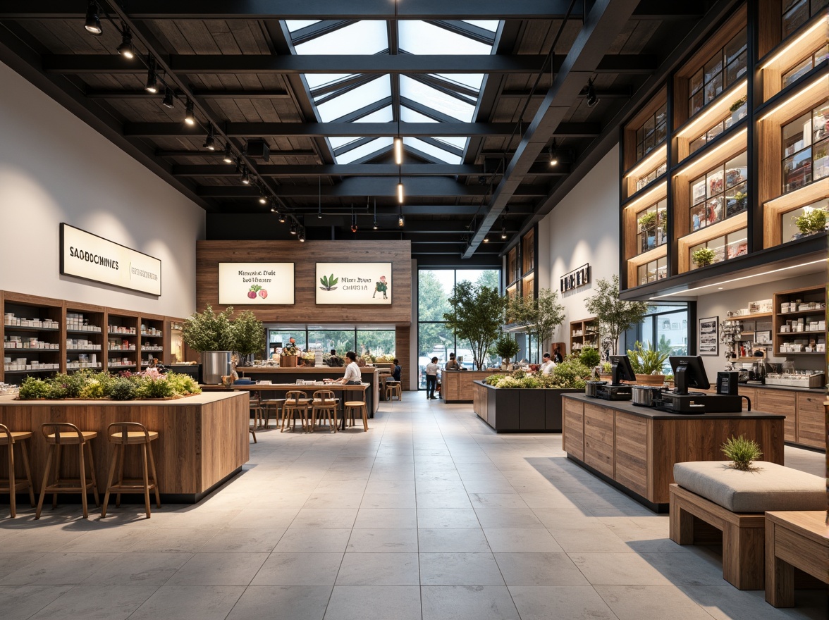 Prompt: Simple grocery store interior, neutral color palette, polished concrete floors, industrial metal shelving, reclaimed wood accents, minimal signage, modern LED lighting, sparse product displays, Scandinavian-inspired furniture, sleek cash registers, matte black countertops, subtle branding elements, airy open spaces, natural light filtering through skylights, shallow depth of field, 1/1 composition, realistic textures, ambient occlusion.