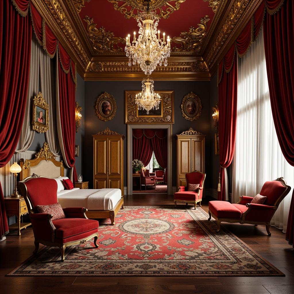 Prompt: Luxurious baroque interior, ornate golden frames, velvety red upholstery, intricately carved wooden furniture, grandiose crystal chandeliers, lavish drapery, opulent textiles, regal throne-like chairs, stately four-poster beds, majestic armoires, richly patterned rugs, dramatic floor-to-ceiling curtains, soft warm lighting, shallow depth of field, 2/3 composition, symmetrical layout, realistic textures, ambient occlusion.