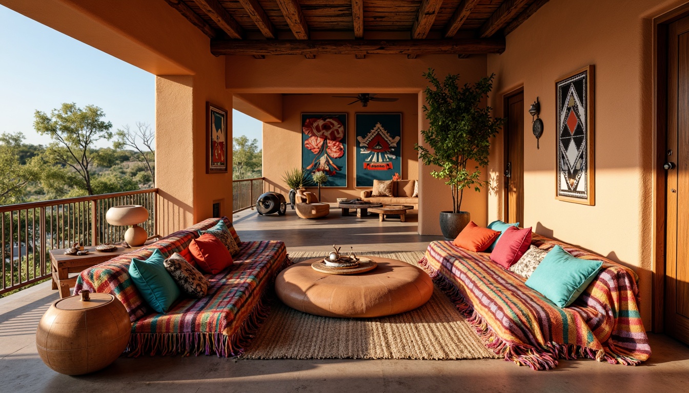 Prompt: Vibrant Southwestern-inspired interior, bold geometric patterns, colorful woven textiles, plush throw pillows, chunky blankets, natural fibers, earthy tones, rustic wooden furniture, turquoise accents, Native American-inspired motifs, warm ambient lighting, shallow depth of field, 3/4 composition, realistic textures, ambient occlusion.