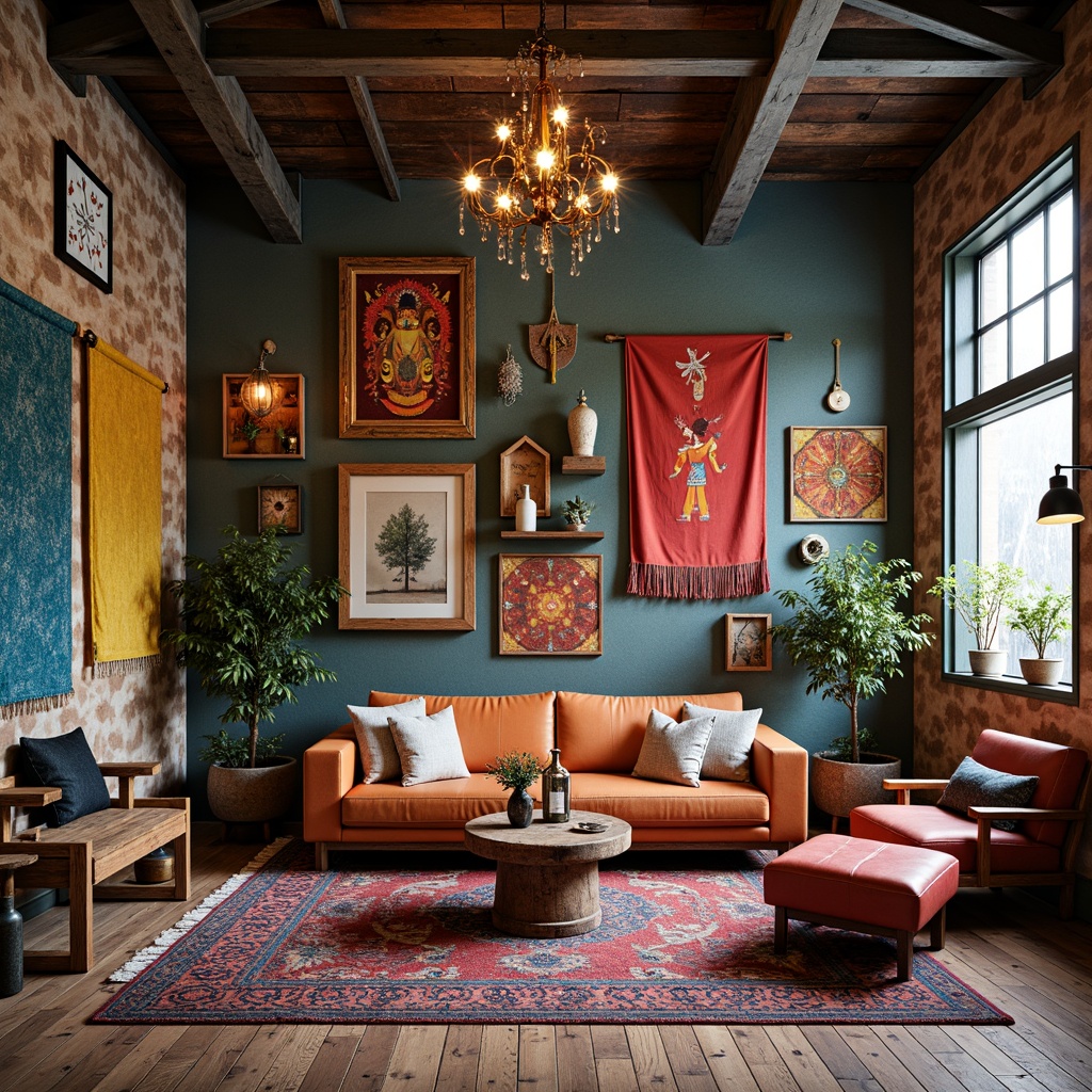 Prompt: Vibrant eclectic room, textured walls, mixed media art pieces, distressed wood accents, industrial metal frames, colorful tapestries, patterned rugs, Moroccan-inspired tiles, Bohemian chic decor, unique collectibles, oversized furniture, abstract sculptures, bold color blocking, whimsical wallpaper, geometric patterns, layered lighting, dramatic shadows, 1/2 composition, moody atmosphere, realistic textures.