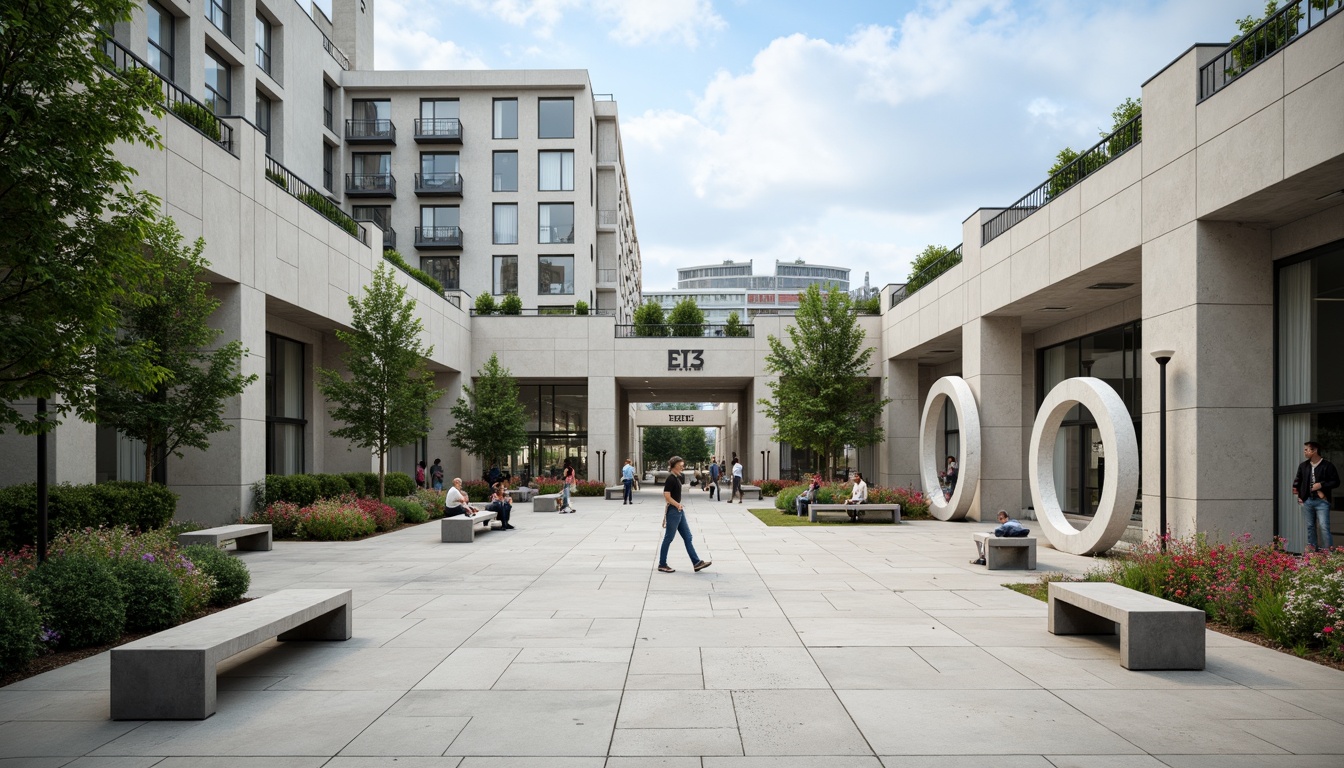 Prompt: Minimalist open-air plaza, brutalist concrete structures, industrial-style lamp posts, sleek metal benches, geometric-shaped planters, vibrant greenery, abstract sculptures, functional typography, bold color blocking, natural light pouring, high ceilings, minimalist ornamentation, clean lines, rectangular forms, functional simplicity, urban landscape, cloudy blue sky, soft diffused lighting, shallow depth of field, 1/1 composition, realistic textures, ambient occlusion.