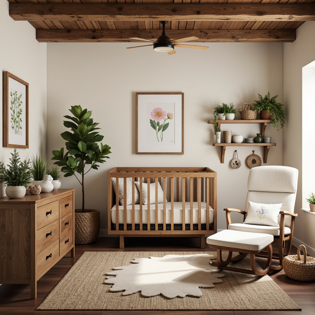 Prompt: Cozy nursery, wooden crib, plush toys, soft pastel colors, rustic wood accents, vintage metal fixtures, woven baskets, natural fiber rugs, earthy tones, warm lighting, comfortable glider, oversized pillows, botanical prints, distressed wood furniture, classic rocking chair, baby blankets, gentle color palette, shallow depth of field, 1/2 composition, warm morning light, realistic textures, ambient occlusion.