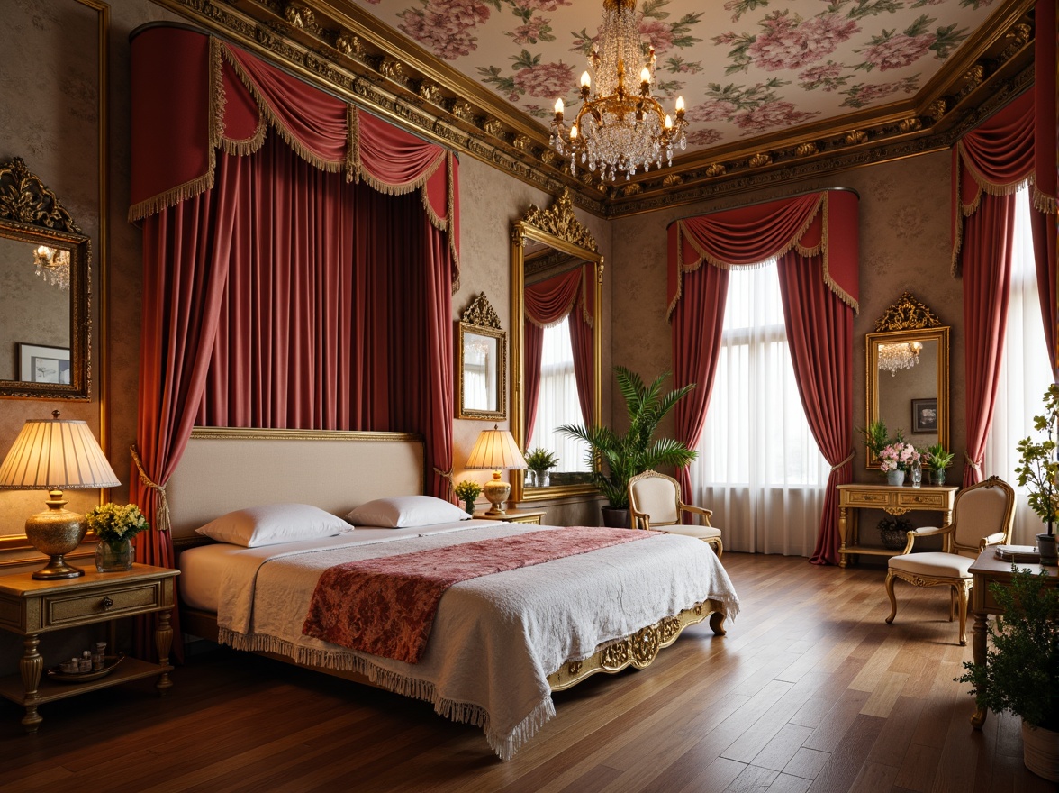 Prompt: Opulent boudoir, velvet drapes, golden accents, ornate mirrors, intricately carved furniture, soft pastel hues, luxurious fabrics, delicate lace details, crystal chandeliers, ornamental vases, frescoed ceilings, curved lines, whimsical patterns, romantic ambiance, warm candlelight, shallow depth of field, 1/2 composition, intimate atmosphere, realistic textures.