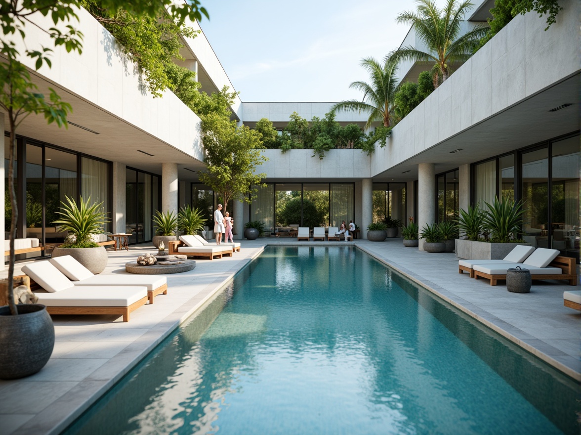 Prompt: Calm swimming pool scene, soft blue water, gentle ripples, minimalistic design, clean lines, sleek modern architecture, subtle concrete textures, natural stone surroundings, lush greenery, vibrant tropical plants, refreshing misting systems, warm sunny day, soft diffuse lighting, shallow depth of field, 1/1 composition, realistic reflections, ambient occlusion.