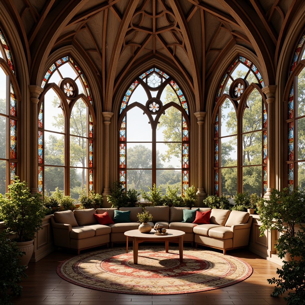 Prompt: Ornate sunroom, Gothic arch windows, stained glass patterns, intricate stone carvings, grandiose high ceilings, ornamental tracery, pointed ribbed vaults, flying buttresses, majestic columns, rich wood paneling, luxurious velvet drapes, warm golden lighting, soft natural textures, realistic ambient occlusion, 1/1 composition, intimate atmosphere, romantic ambiance.