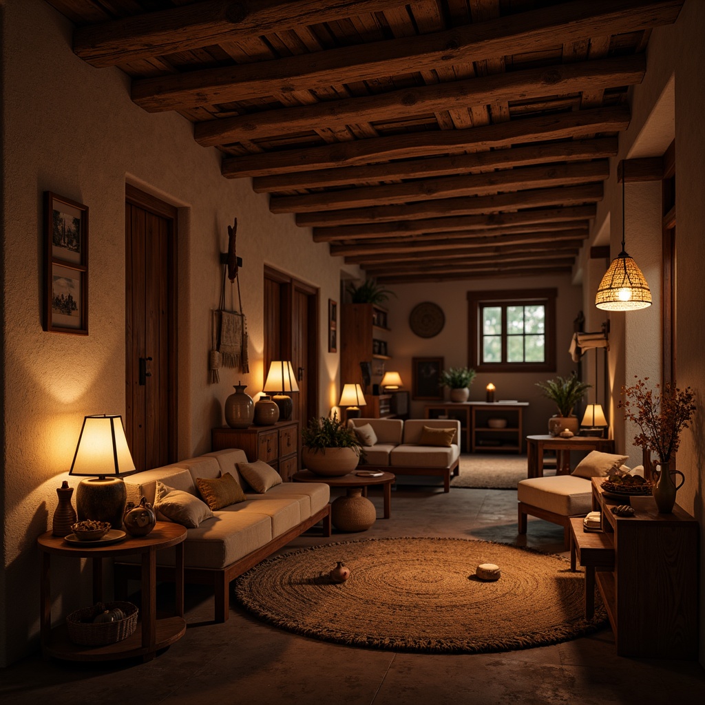 Prompt: Rustic rural setting, wooden beam ceilings, earthy tones, warm soft lighting, lantern-style lamps, candles, natural textiles, woven baskets, clay pottery, traditional craftsmanship, regional cultural influences, cozy intimate spaces, warm color palette, ambient glow, soft shadows, subtle highlights, 1/1 composition, realistic materials, atmospheric rendering.