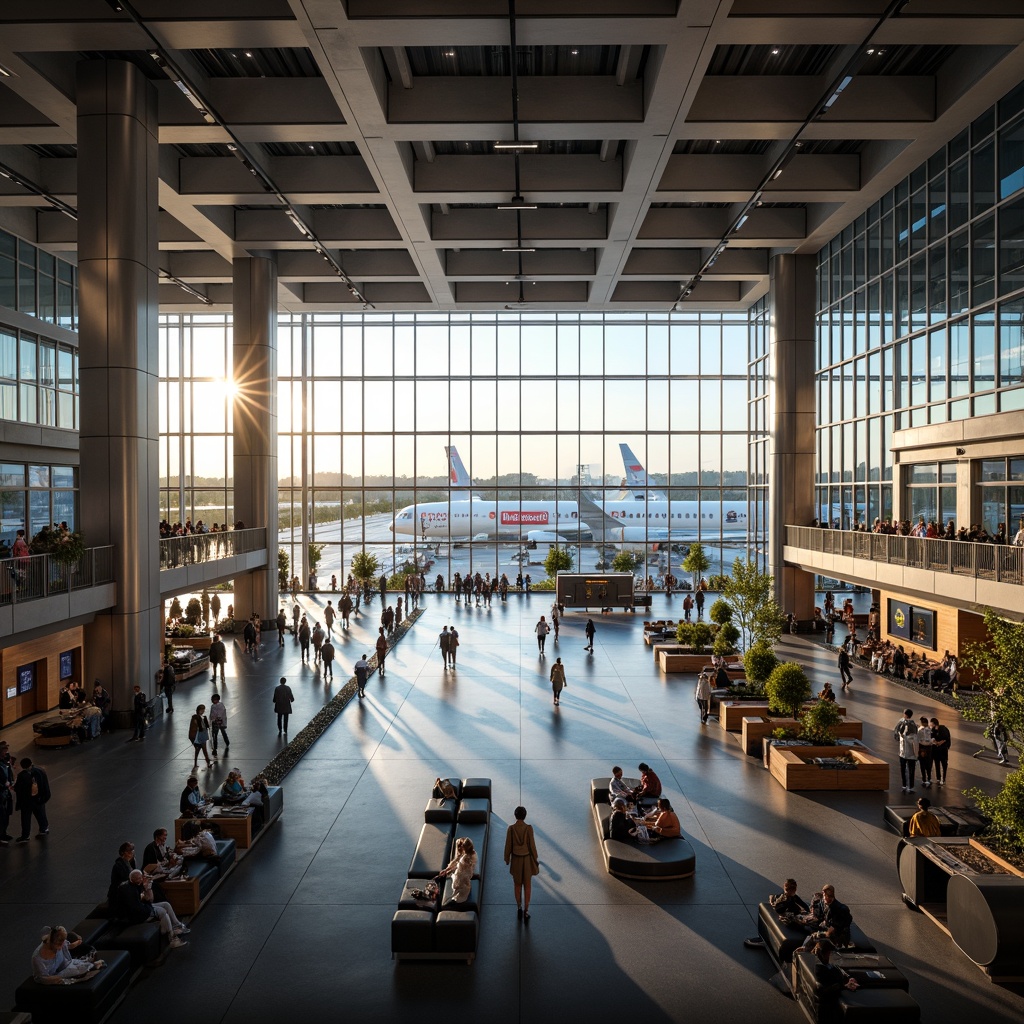 Prompt: Modern airport terminal, sleek glass fa\u00e7ade, stainless steel columns, spacious open areas, natural light pouring in, comfortable seating areas, minimalistic design, futuristic architecture, dynamic LED lighting, digital information boards, bustling atmosphere, travelers rushing to gates, airline logos, check-in counters, security checkpoints, luggage carousels, departure lounges, coffee shops, restaurants, souvenir stores, quiet VIP lounges, panoramic views of runways, morning sunlight, soft warm glow, shallow depth of field, 3/4 composition, realistic textures, ambient occlusion.