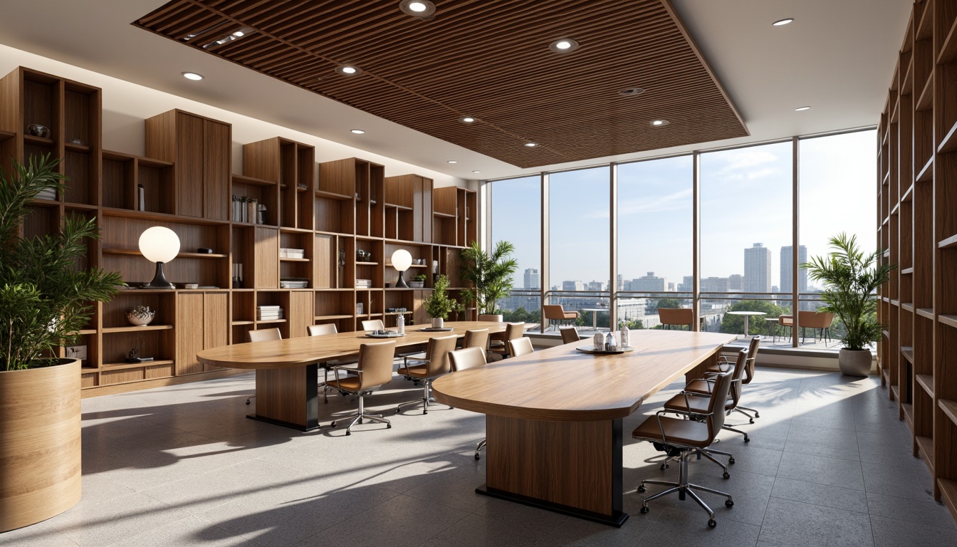 Prompt: Curved wooden desks, sleek metal legs, low-profile chairs, minimalist shelving units, polished chrome accents, rich walnut veneer, smooth leather upholstery, geometric patterns, angular lines, bold color schemes, indirect lighting, floor-to-ceiling windows, cityscape views, 3/4 composition, shallow depth of field, panoramic view, realistic textures, ambient occlusion.