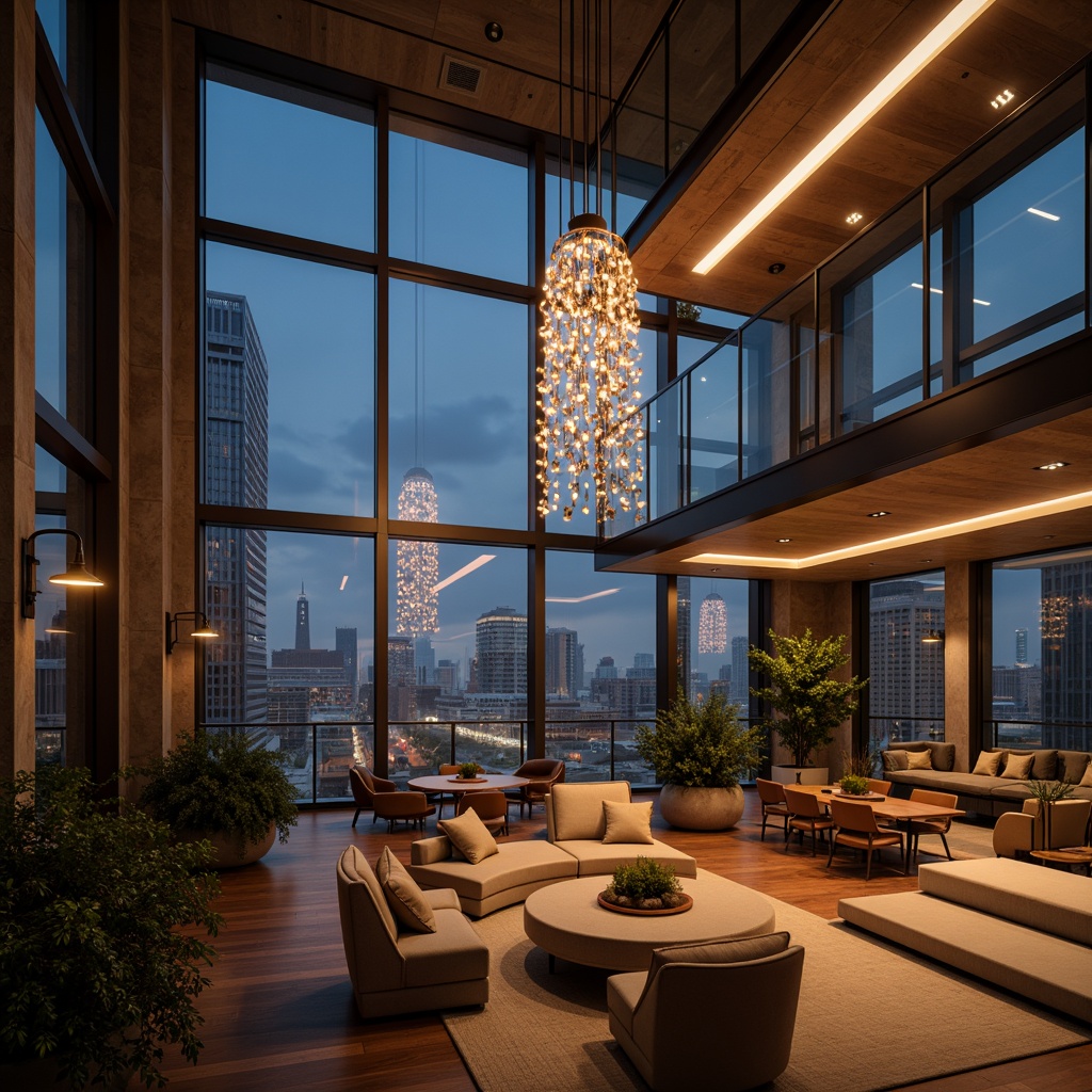 Prompt: Luxurious penthouse, high ceilings, floor-to-ceiling windows, modern chandeliers, sleek pendant lights, LED strip lighting, ambient indirect illumination, cozy reading nooks, elegant sconces, metallic finishes, glass shades, minimalist design, soft warm glow, dramatic spotlighting, 1/1 composition, shallow depth of field, realistic textures, ambient occlusion.