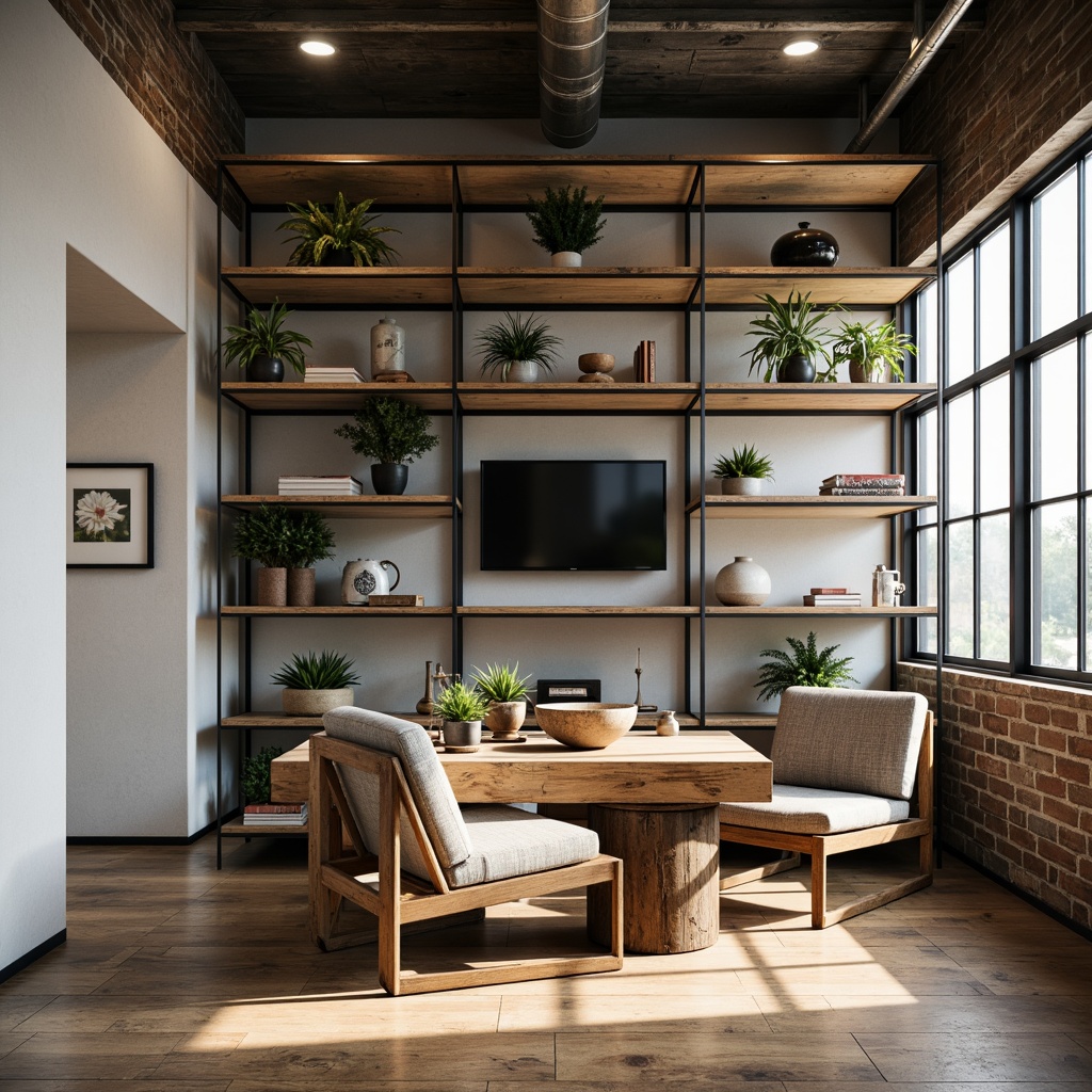 Prompt: Modern open shelving unit, minimalist metal frame, reclaimed wood shelves, industrial chic aesthetic, functional storage solution, stylish display space, urban loft interior, natural light pouring in, soft warm lighting, 1/1 composition, shallow depth of field, realistic textures, ambient occlusion.