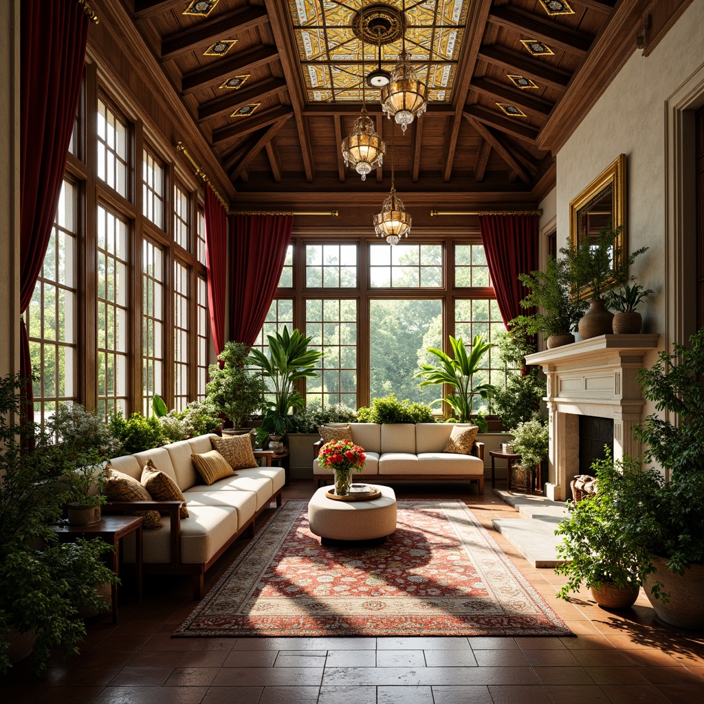 Prompt: Elegant sunroom, ornate wooden beams, decorative trusses, stained glass ceiling, lavish chandeliers, intricate tile work, luxurious velvet drapes, opulent furnishings, golden accents, plush area rugs, vibrant floral arrangements, natural stone walls, rustic brick floors, abundant greenery, lush vines, sunny day, warm soft lighting, shallow depth of field, 1/1 composition, realistic textures, ambient occlusion.