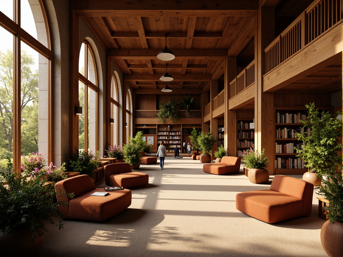 Prompt: Richly wooded library interior, warm golden lighting, cozy reading nooks, plush armchairs, wooden bookshelves, earthy tones, terracotta accents, soft beige carpets, natural stone walls, floor-to-ceiling windows, lush greenery, vibrant flower arrangements, tranquil atmosphere, shallow depth of field, 1/1 composition, realistic textures, ambient occlusion.