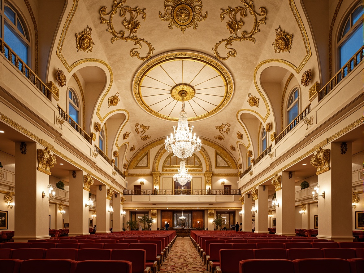 Prompt: Ornate auditorium ceiling, gold leaf details, delicate floral patterns, crystal chandeliers, intricate moldings, soft cream colors, luxurious fabrics, grandiose architectural elements, sweeping curves, dramatic lighting effects, shallow depth of field, 3/4 composition, panoramic view, realistic textures, ambient occlusion, Rococo-inspired ornaments, lavish decorations, opulent atmosphere, majestic scale, regal ambiance.