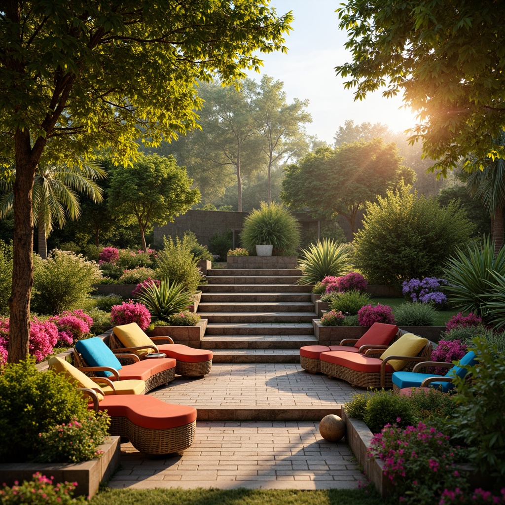 Prompt: Vibrant tropical amphitheater, lush greenery, exotic flowers, curved wooden benches, colorful cushions, natural stone steps, rustic metal frames, woven wicker furniture, soft golden lighting, warm sunset ambiance, shallow depth of field, 1/2 composition, panoramic view, realistic textures, ambient occlusion.