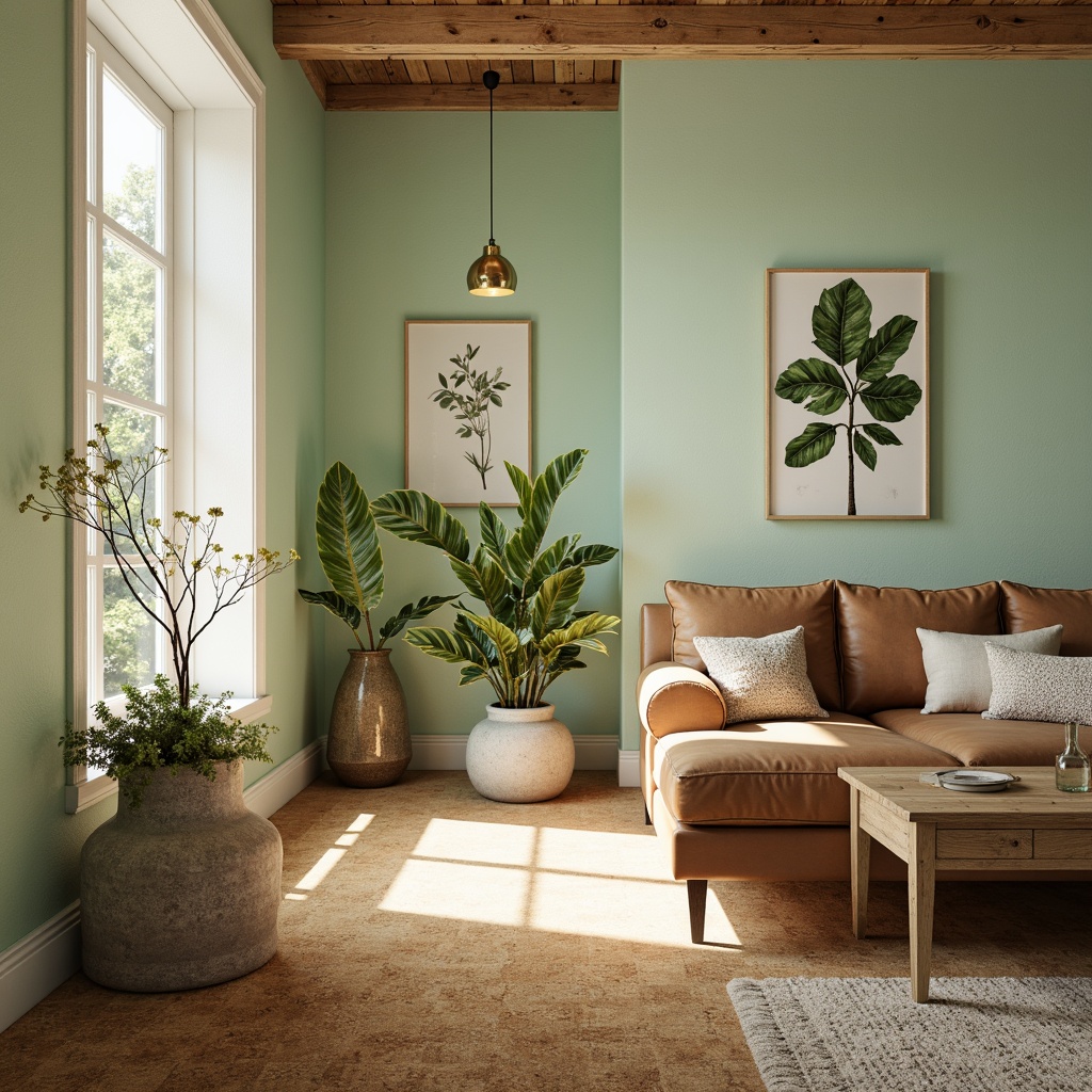 Prompt: Soft mint walls, warm cork flooring, natural textures, earthy undertones, creamy whites, weathered wood accents, botanical prints, vintage metal fixtures, distressed leather furniture, organic shapes, free-flowing lines, whimsical patterns, airy atmosphere, warm golden lighting, shallow depth of field, 1/1 composition, realistic renderings, ambient occlusion.