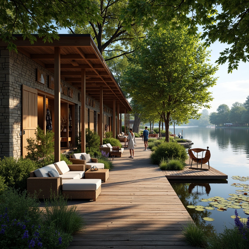 Prompt: Rustic boathouse, wooden docks, serene lake views, lush greenery, water lilies, tranquil atmosphere, natural stone walls, wooden accents, nautical decorations, vintage boat displays, cozy reading nooks, comfortable seating areas, soft warm lighting, shallow depth of field, 3/4 composition, panoramic view, realistic textures, ambient occlusion, waterfront promenade, scenic walking trails, surrounding trees, sunny day, gentle breeze.