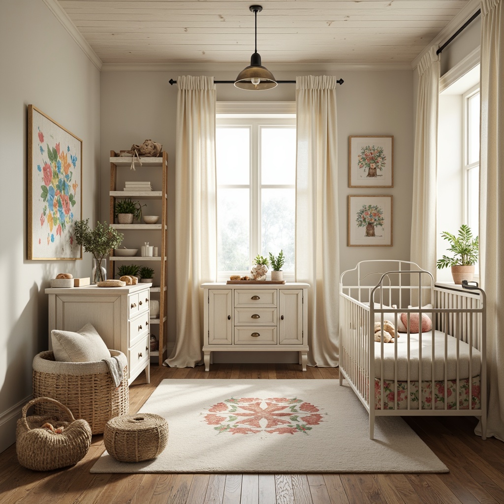 Prompt: Whimsical baby nursery, farmhouse decor, distressed wood furniture, vintage metal cribs, soft pastel colors, floral patterns, ruffled curtains, natural linen fabrics, woven baskets, plush toys, gentle warm lighting, shallow depth of field, 1/1 composition, intimate atmosphere, creamy whites, weathered wood accents, earthy tones, handmade quilts, rustic wooden rocking chairs.