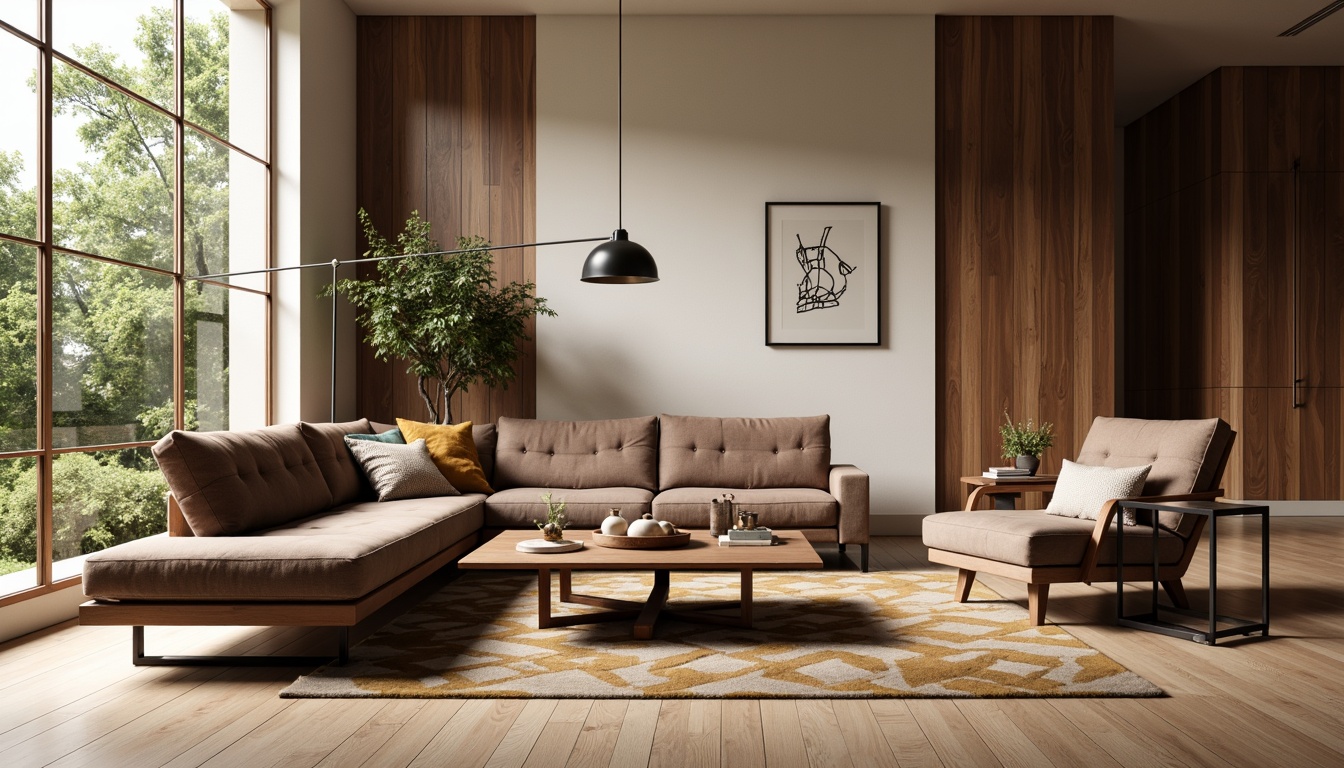 Prompt: Mid-century modern living room, sleek wooden coffee table, tufted velvet sofa, geometric patterned rug, minimalist metal floor lamp, sculptural armchair, rich walnut wood accents, warm beige walls, large windows, natural light, soft boxy shadows, 1/1 composition, realistic textures, ambient occlusion.