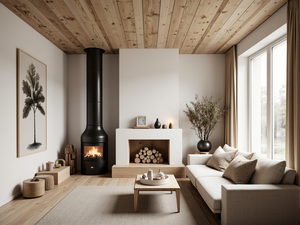 Prompt: Simple Nordic cabin, natural wood textures, white minimal walls, sparse furniture, cozy fireplace, warm candlelight, soft beige curtains, organic shapes, clean lines, monochromatic color scheme, subtle patterns, functional decor, industrial materials, reclaimed wood accents, neutral tone palette, calm atmosphere, shallow depth of field, 1/1 composition, softbox lighting, realistic rendering.