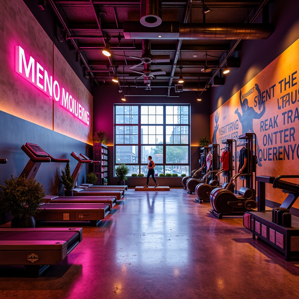 Prompt: Invigorating fitness studio, dynamic color scheme, bold accent walls, energetic neon lights, sleek metal equipment, high-gloss flooring, motivational quotes, modern minimalist decor, industrial chic atmosphere, urban loft-style windows, natural wood accents, vibrant athletic wear displays, refreshing citrus scent, overhead lighting, shallow depth of field, 1/2 composition, realistic textures, ambient occlusion.