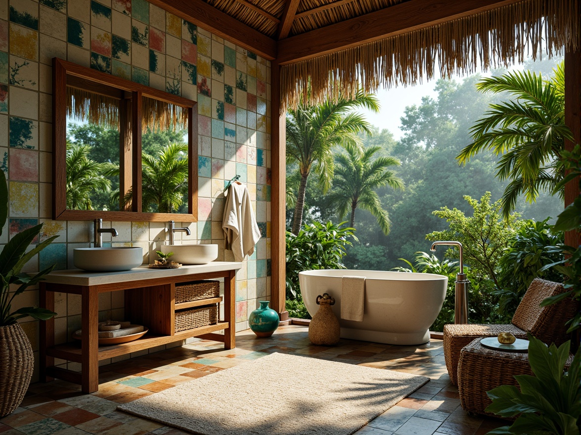 Prompt: Vibrant tropical bathroom, exotic island inspiration, colorful mosaic tiles, natural stone accents, wooden vanity, lush greenery, palm tree patterns, ocean-inspired hues, turquoise glass accents, rustic metal fixtures, woven wicker furniture, ambient warm lighting, soft focus blur, 1/2 composition, shallow depth of field, realistic textures.