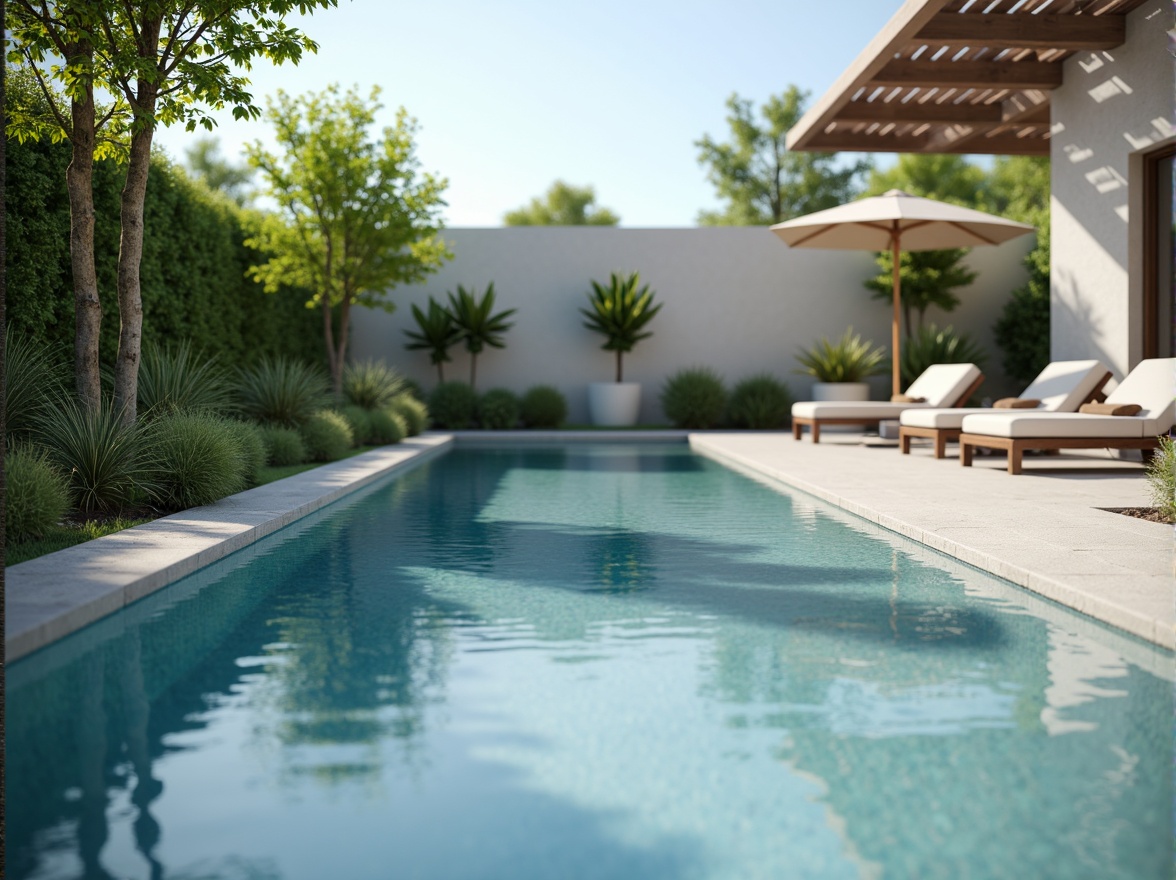 Prompt: Calming swimming pool, minimalist design, soft blue water, gentle ripples, subtle wave patterns, sleek concrete decking, modern lounge chairs, umbrella shading, natural stone walls, refreshing greenery, tranquil ambiance, warm sunny day, soft focus, shallow depth of field, 1/1 composition, serene atmosphere, realistic water textures, ambient occlusion.