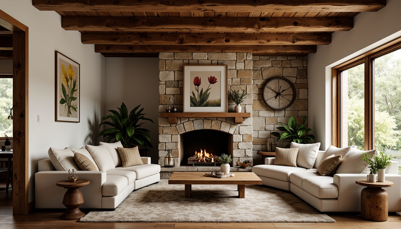 Prompt: Cozy living room, exposed wooden beams, rustic charm, earthy color palette, natural textures, warm lighting, comfortable furniture, plush area rugs, wooden accents, stone fireplace, vintage decorative items, nature-inspired artwork, botanical prints, soft fabrics, distressed wood finishes, organic shapes, 1/2 composition, softbox lighting, intimate atmosphere, tactile materials.