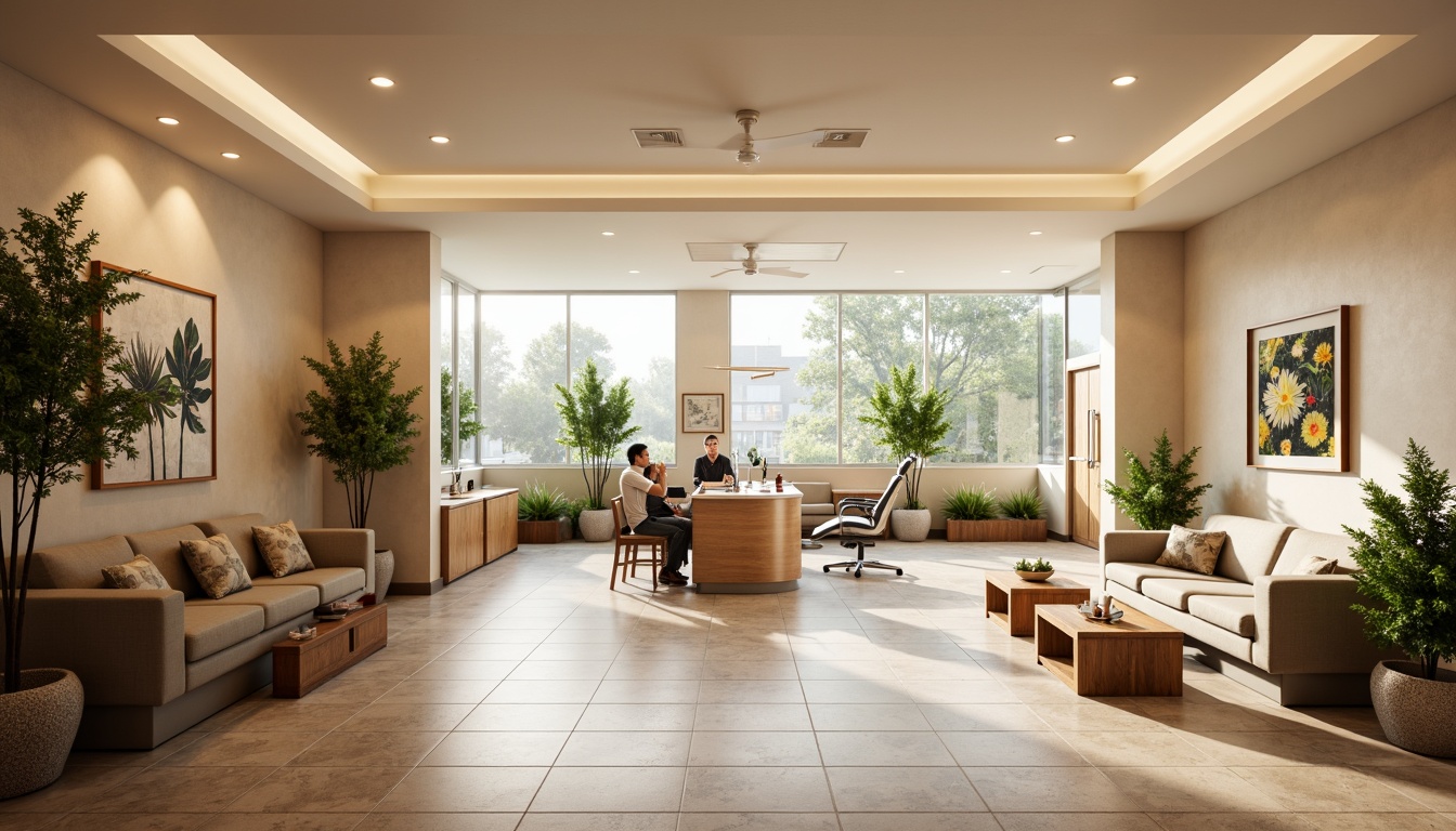 Prompt: Calming dental clinic atmosphere, soothing color palette, warm beige walls, comfortable seating area, plush couches, wooden coffee tables, vibrant green plants, natural stone flooring, large windows, soft diffused lighting, gentle background music, calming artwork, minimalist decor, modern dental equipment, sleek metal chairs, ergonomic design, cozy waiting area, refreshing beverages, friendly reception desk, smiling staff, gentle color accents, rounded edges, serene ambiance, shallow depth of field, 1/1 composition.