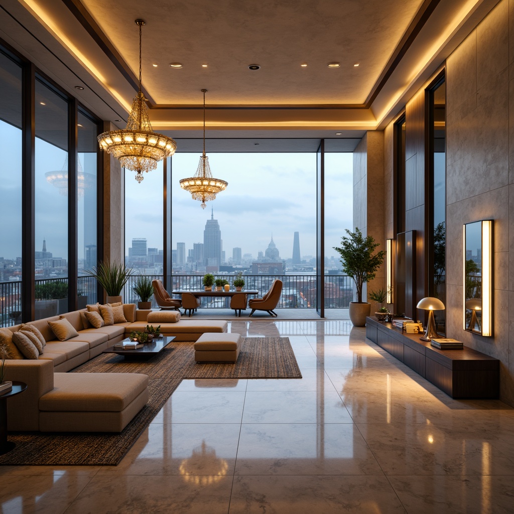 Prompt: Luxurious penthouse, modern minimalist decor, sleek lines, floor-to-ceiling windows, cityscape views, sophisticated ambiance, crystal chandeliers, gold accents, recessed lighting, ambient glow, warm neutral tones, marble floors, high ceilings, spacious open-plan living, glamorous atmosphere, dramatic uplighting, LED strip lights, futuristic sconces, metallic finishes, soft diffused light, cozy reading nooks, panoramic vistas, 1/1 composition, natural daylight, realistic reflections.