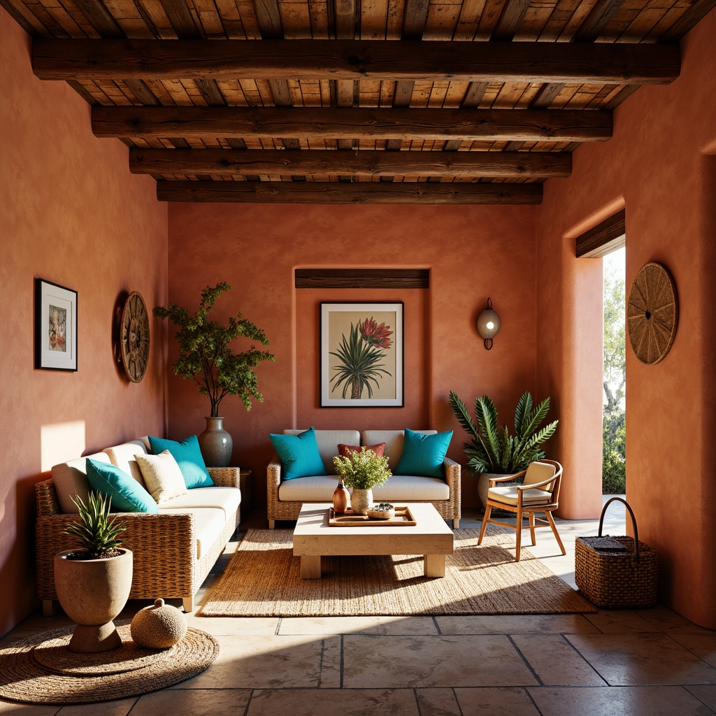 Prompt: Southwestern-style living room, warm terracotta walls, rustic wooden beams, natural stone flooring, vibrant turquoise accents, woven textiles, pendant lanterns, table lamps, floor lamps, warm soft lighting, cozy ambiance, dramatic shadows, 1/2 composition, shallow depth of field, realistic textures, ambient occlusion.