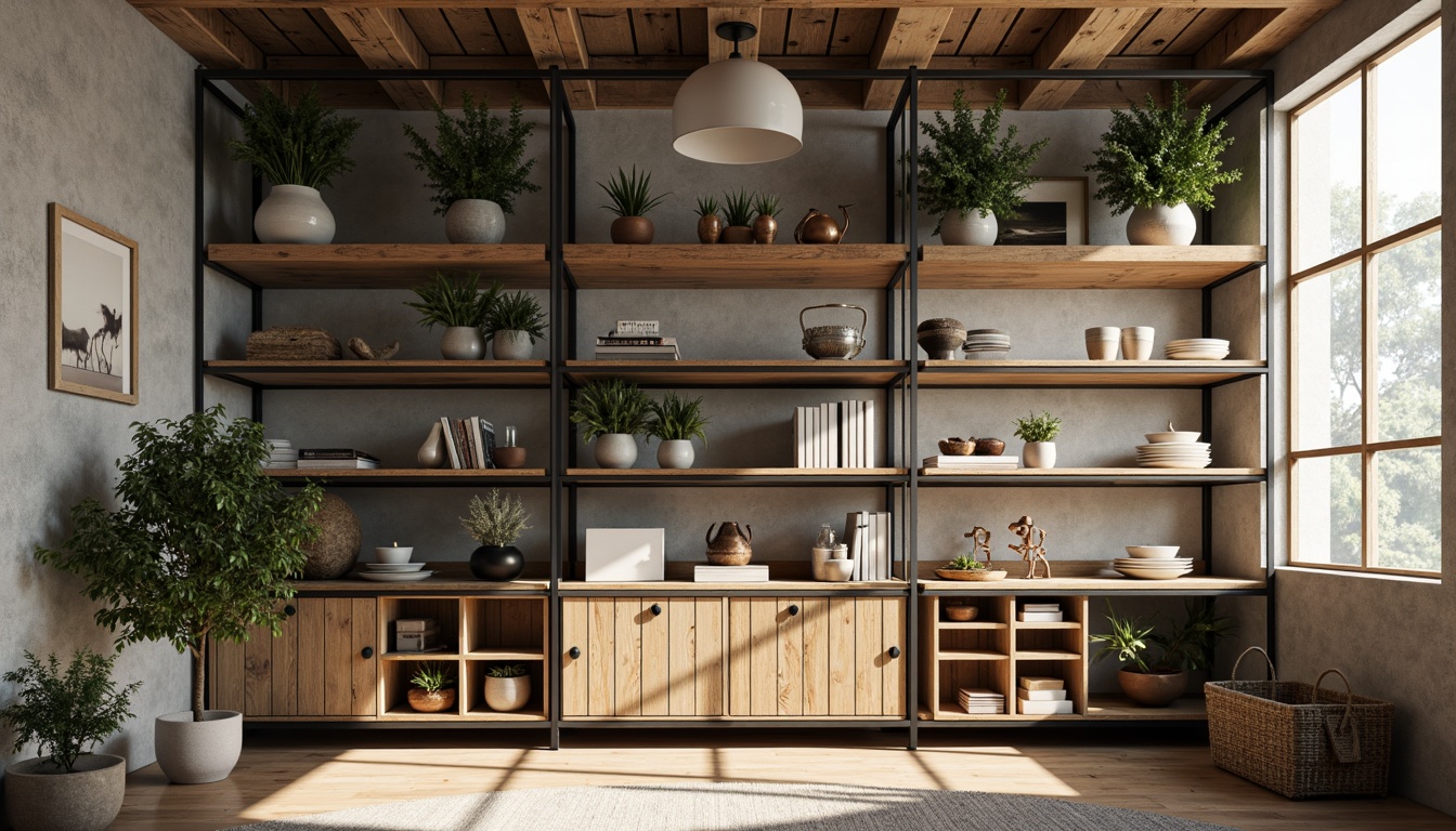 Prompt: Industrial chic shelving unit, reclaimed wood planks, metal frame structure, rustic hardware, open storage concept, minimalist decor, functional display space, decorative objects, greenery accents, natural light pouring in, airy feel, 3/4 composition, shallow depth of field, soft warm lighting, realistic textures, ambient occlusion.