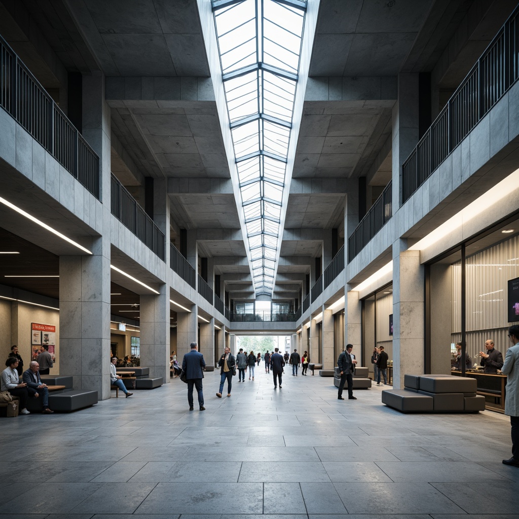 Prompt: Modern train station interior, minimalist aesthetic, sleek concrete walls, industrial-chic metal beams, subtle LED lighting, neutral color palette, matte finishes, polished stone floors, geometric patterns, sparse furniture, functional design, urban atmosphere, bustling crowd, natural light pouring in, shallow depth of field, 1/1 composition, realistic textures, ambient occlusion.