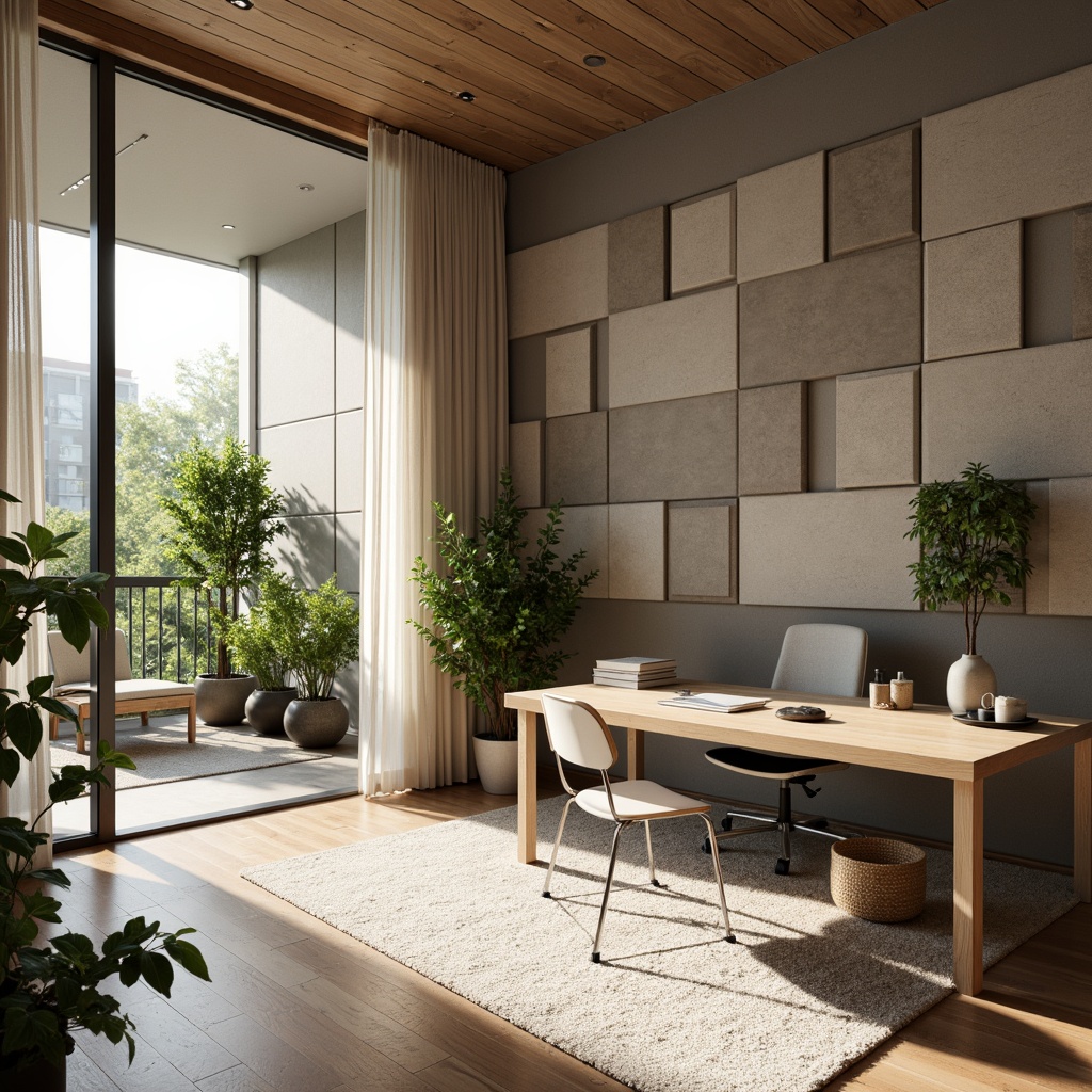 Prompt: Calming workspace, sound-absorbing panels, acoustic diffusers, minimalist desk, ergonomic chair, natural wood flooring, soft carpeted areas, floor-to-ceiling windows, abundant greenery, peaceful ambiance, warm neutral colors, subtle texture variations, indirect soft lighting, gentle shadows, shallow depth of field, 1/2 composition, realistic renderings, ambient occlusion.