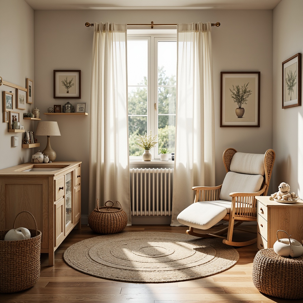 Prompt: Cozy nursery, natural wood accents, earthy tones, vintage fabrics, woven baskets, handcrafted decorations, warm sunny day, soft diffused lighting, sheer curtains, linen drapes, cotton panels, rustic wooden shutters, delicate floral patterns, pastel color palette, traditional craftsmanship, textured rugs, plush toys, comfortable glider, creamy whites, soothing blues.