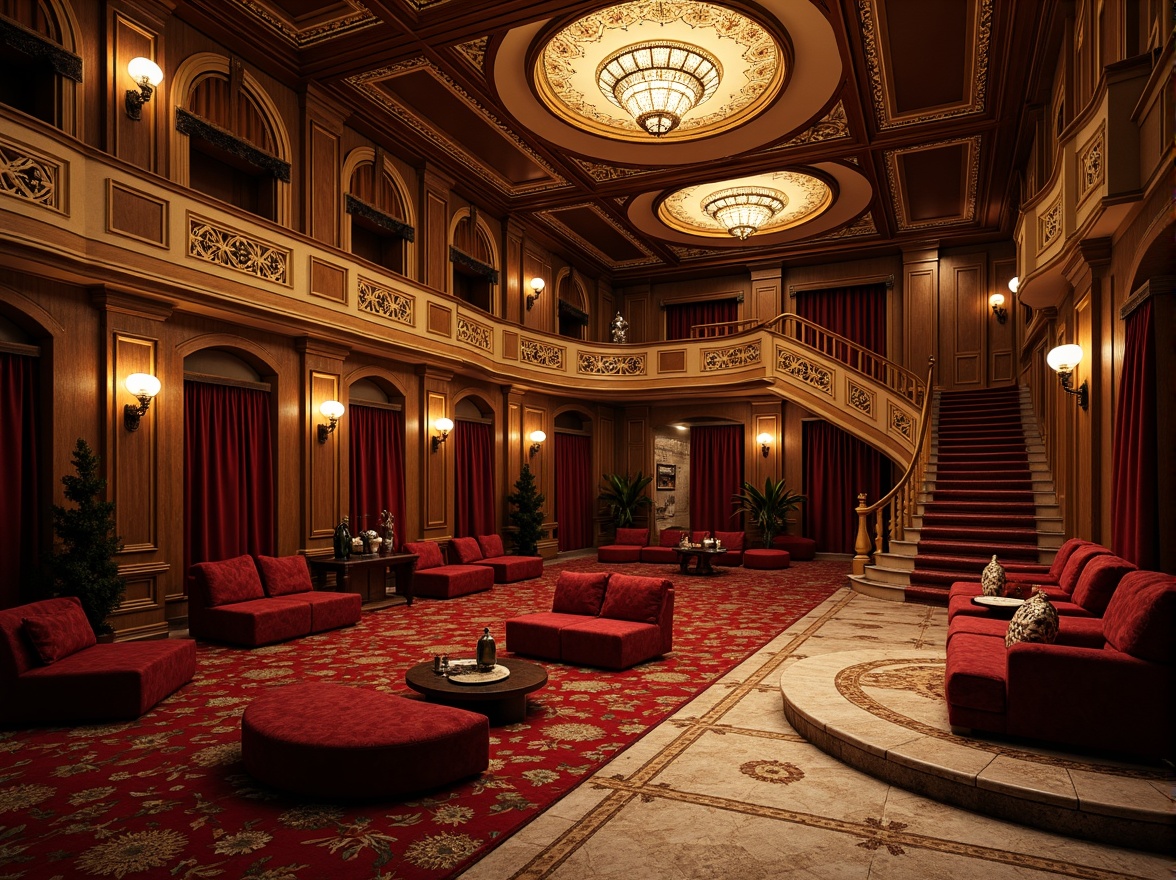 Prompt: Renaissance-style cinema interior, luxurious velvet carpets, ornate wooden flooring, polished marble surfaces, intricate mosaic patterns, grand staircase, opulent chandeliers, richly upholstered seating, lavish drapery, warm golden lighting, shallow depth of field, 1/1 composition, cinematic camera angles, dramatic shadows, realistic textures, ambient occlusion.