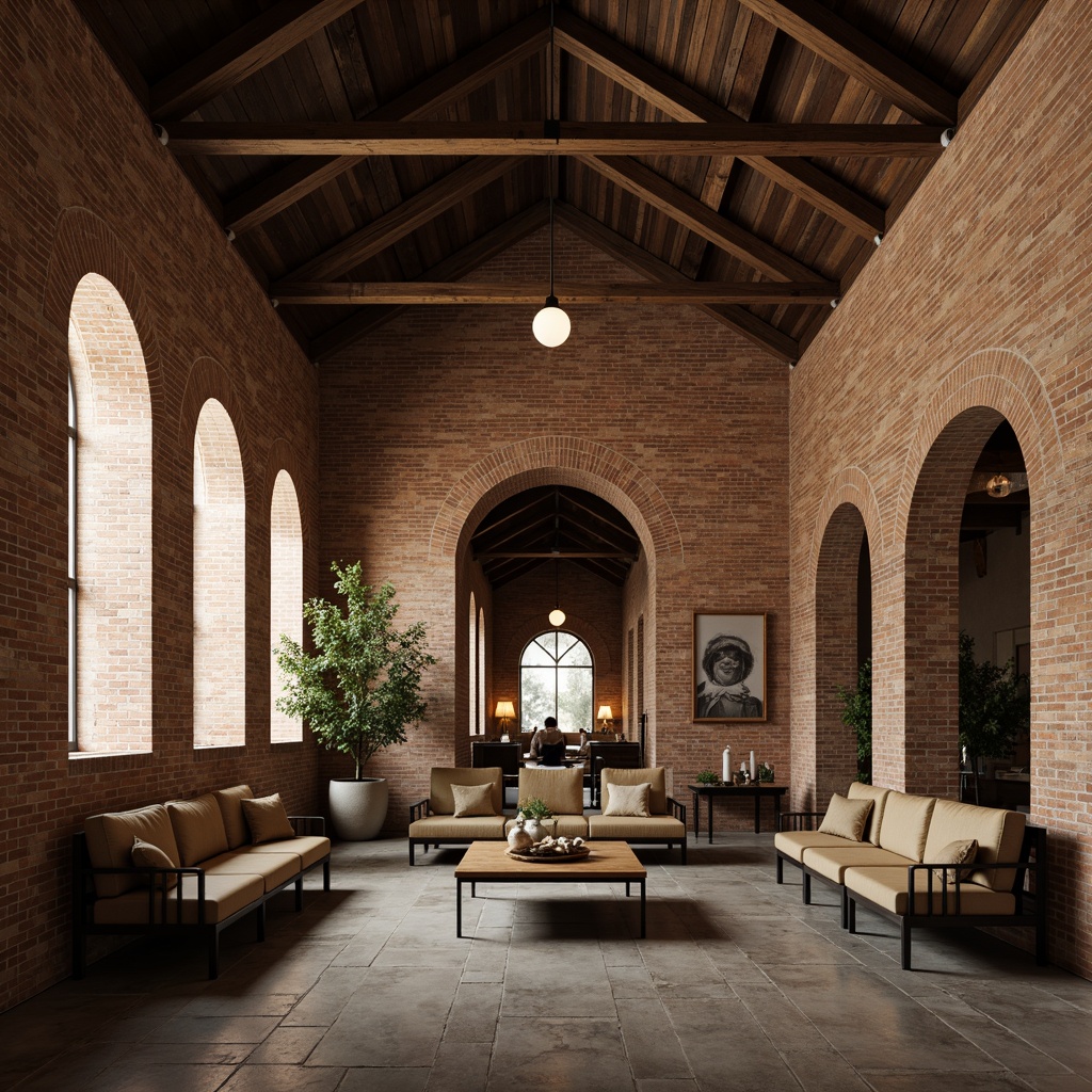 Prompt: Exposed brick walls, reclaimed wood accents, industrial metal beams, vaulted ceilings, open floor plan layout, minimalist monastery-inspired decor, rustic wooden furniture, distressed leather upholstery, ornate ironwork details, spiritual ambient lighting, subtle earthy color palette, natural stone flooring, grand archways, simplified lines, functional simplicity, soft warm glow, low-key dramatic shadows, 1/2 composition, atmospheric perspective, realistic textures.