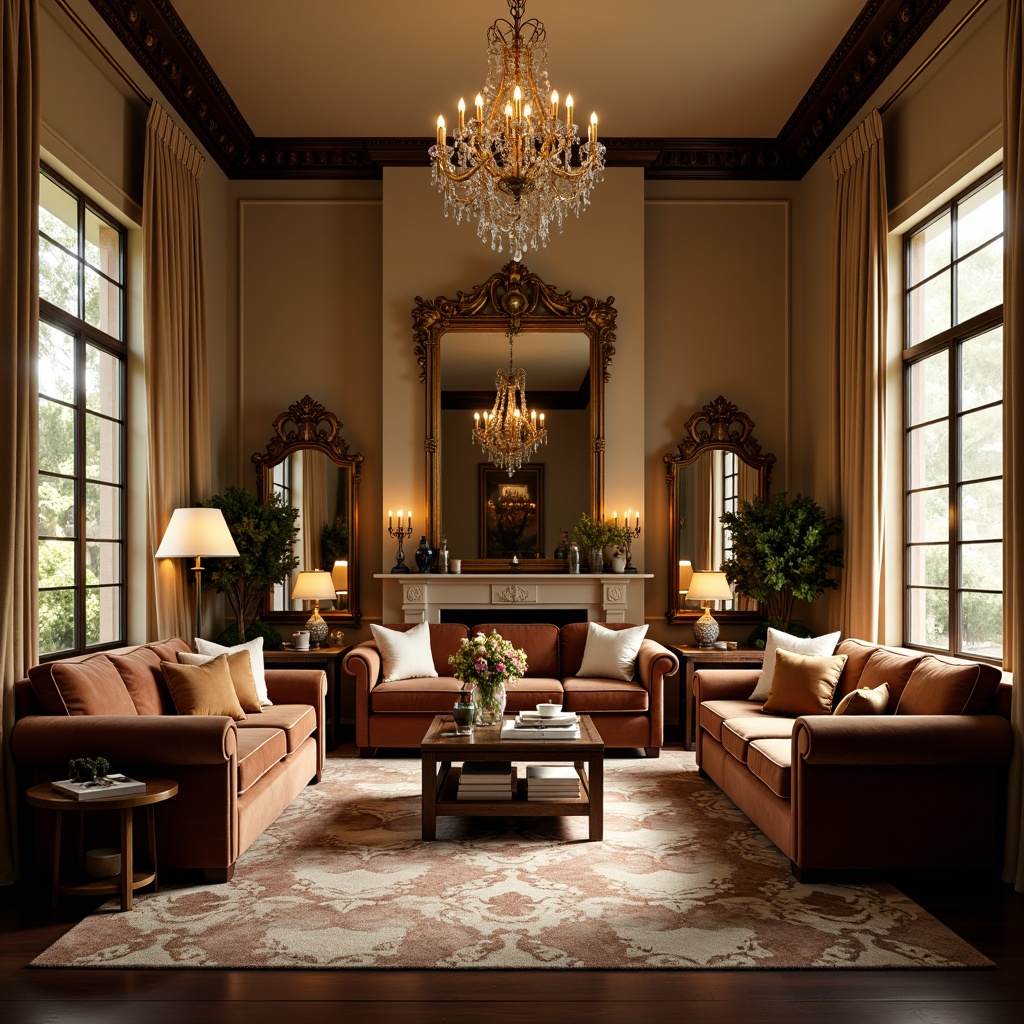 Prompt: Cozy traditional living room, warm beige walls, rich wood furniture, plush velvet sofas, ornate mirrors, crystal chandeliers, soft warm lighting, table lamps, floor lamps, candlelight ambiance, dimmable LED lights, classic architectural details, high ceilings, large windows, drapery fabrics, luxurious textiles, warm color palette, intimate seating areas, relaxed atmosphere, morning sunlight, gentle shadows, 1/2 composition, realistic reflections, subtle ambient occlusion.