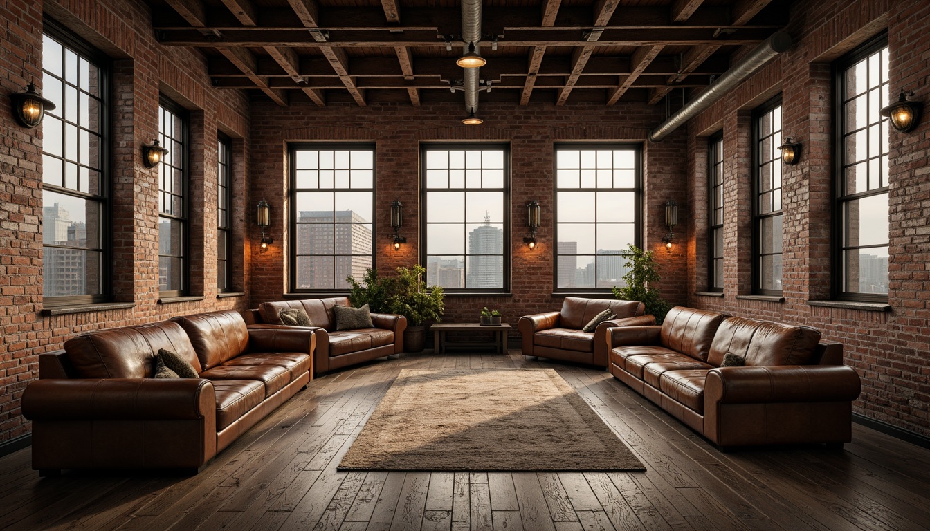 Prompt: Rustic industrial warehouse, exposed brick walls, metal beams, reclaimed wood floors, vintage factory lights, distressed leather sofas, metallic accents, urban cityscape, cloudy grey sky, warm golden lighting, shallow depth of field, 1/1 composition, realistic textures, ambient occlusion.