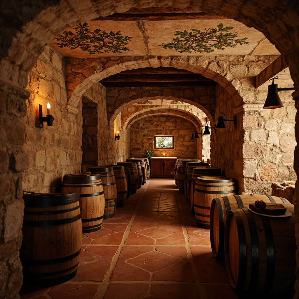 Prompt: Rustic wine cellar, ancient stone walls, earthy tones, warm ambient lighting, wooden barrels, grapevine motifs, terracotta flooring, distressed plaster textures, rough-hewn wooden beams, vintage metal lanterns, soft candlelight, shallow depth of field, 1/2 composition, atmospheric perspective, realistic wear and tear, subtle color grading.