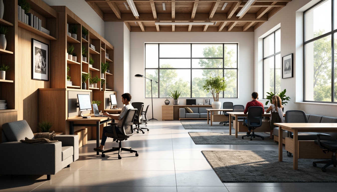 Prompt: Modern office space, ergonomic furniture, comfortable seating, adjustable desks, healthy postures, back support systems, breathable mesh chairs, sturdy metal frames, wooden accents, natural light, soft warm glow, 1/1 composition, realistic textures, ambient occlusion.