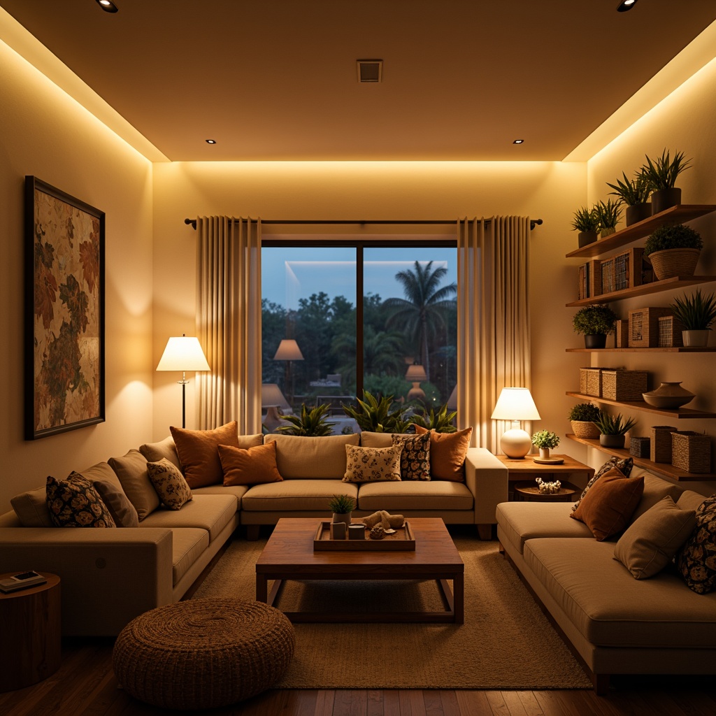 Prompt: Cozy family room, warm beige walls, comfortable sectional sofa, soft cushions, wooden coffee table, elegant floor lamps, table lamps, warm white lighting, dimmable ceiling lights, LED strip lights, ambient glow, intimate atmosphere, natural textiles, woven baskets, plants on shelves, earthy tones, inviting color scheme, relaxed seating arrangement, 1/1 composition, shallow depth of field, soft focus, warm color temperature.