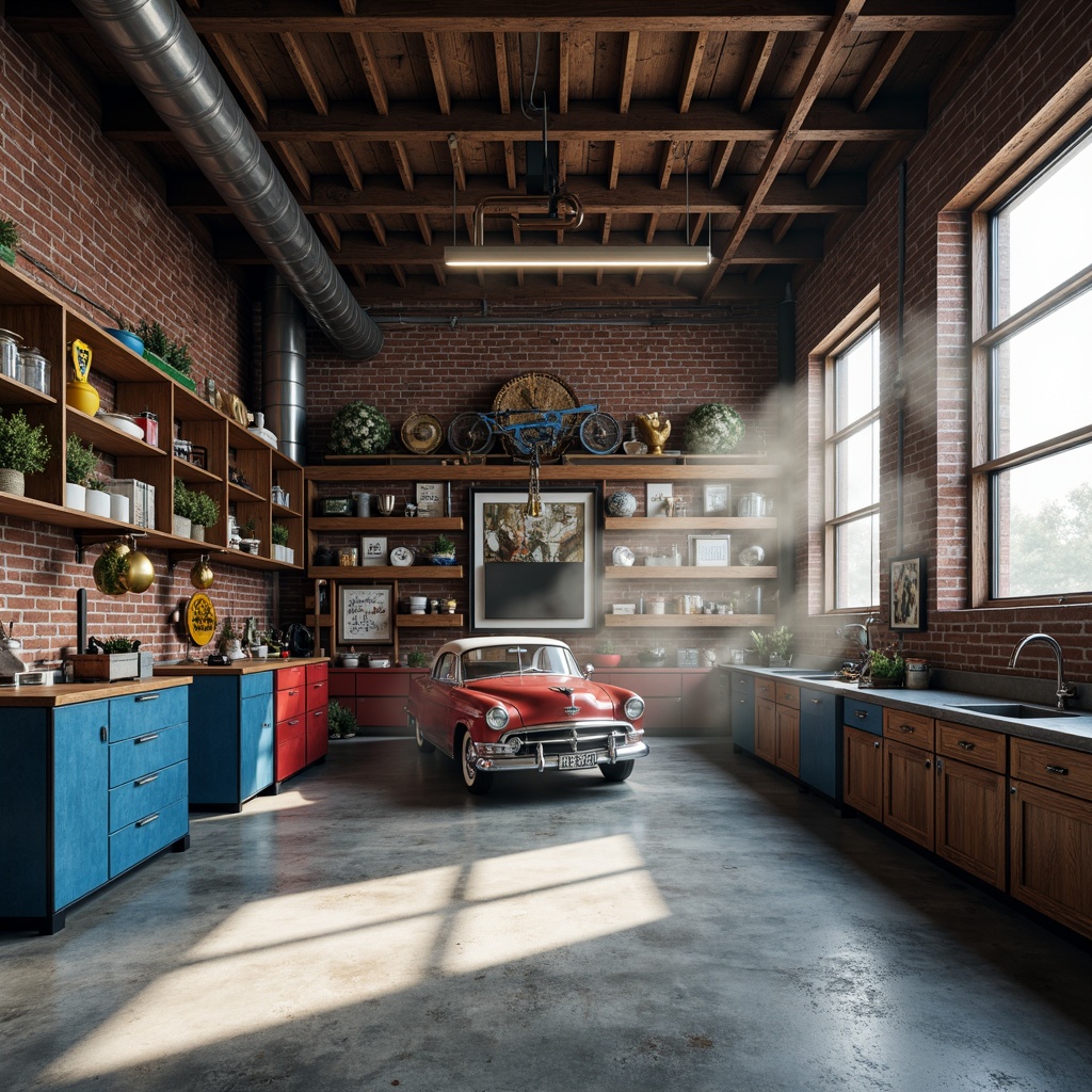 Prompt: Industrial-style garage, exposed brick walls, metal beams, polished concrete floors, sleek modern lighting fixtures, bold color accents, deep blues, rich reds, metallic silvers, neutral grays, warm beige tones, rustic wooden cabinets, functional shelving units, vintage car decorations, nostalgic memorabilia, natural daylight, soft shadows, high contrast ratio, dramatic spotlights, atmospheric misty effects.