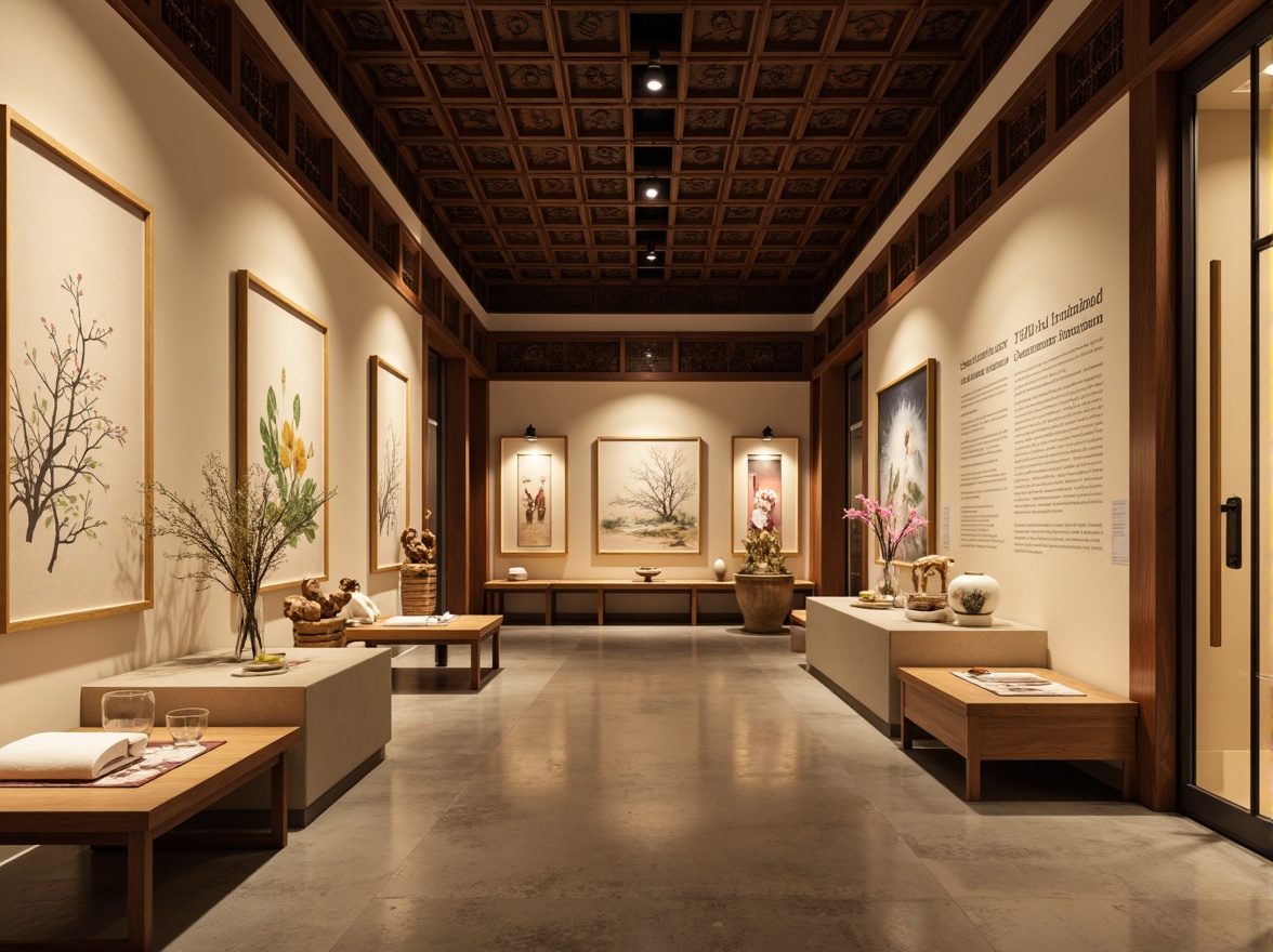 Prompt: \Sophisticated museum interior, traditional Asian inspired color palette, warm beige walls, rich wooden accents, subtle gold trim, intricate carvings, cultural artifact displays, soft diffused lighting, serene atmosphere, natural fiber textiles, hand-painted ceramics, delicate paper lanterns, cherry blossom motifs, elegant typography, refined lines, harmonious balance, 1/2 composition, warm neutral tones, ambient occlusion.\