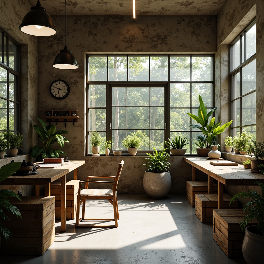 Prompt: Simple zookeeper's office, minimal decor, functional furniture, reclaimed wood desk, metal chair, industrial lighting, concrete floor, green plants, natural textures, rustic wooden crates, animal enclosures, modern minimalist architecture, large windows, abundant natural light, soft warm atmosphere, shallow depth of field, 3/4 composition, realistic materials, ambient occlusion.