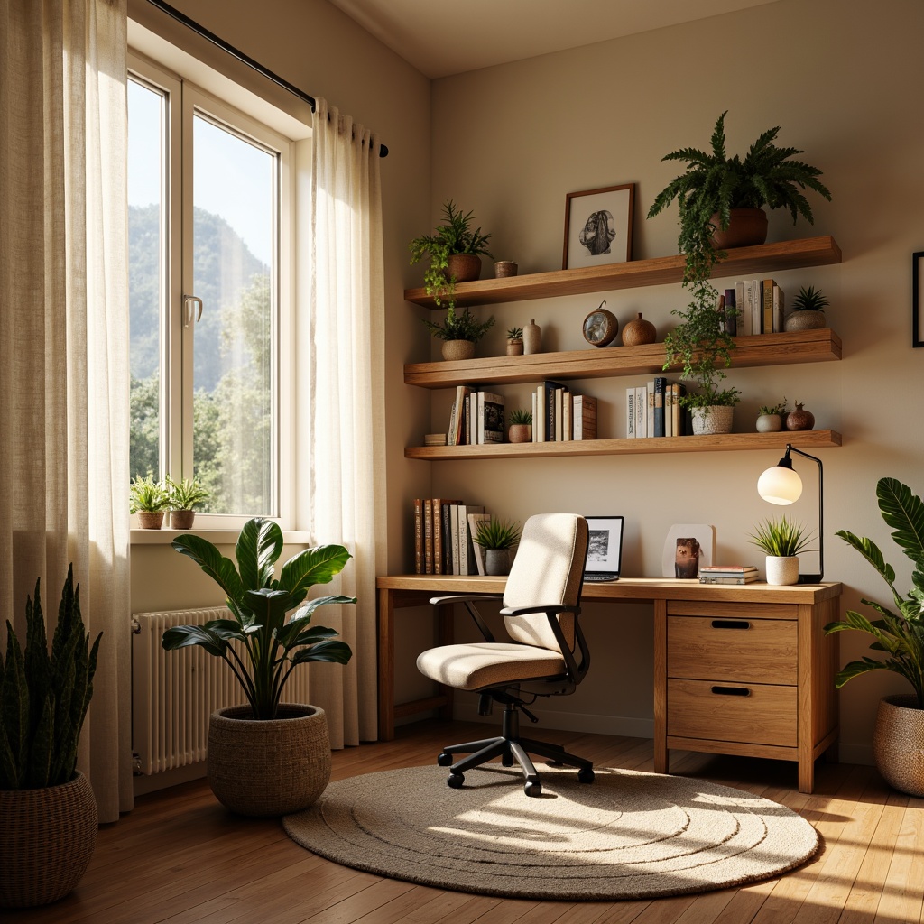 Prompt: Cozy home office, warm beige walls, comfortable ergonomic chair, wooden desk, modern task lamp, soft warm lighting, floor-to-ceiling windows, natural daylight, sheer white curtains, potted green plants, minimalist decor, organized storage shelves, rustic wood accents, calming color palette, 1/1 composition, intimate atmosphere, subtle shadows, realistic textures.