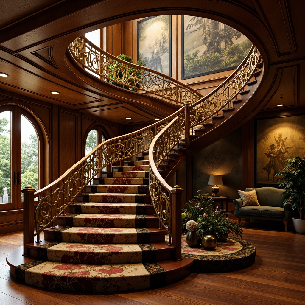 Prompt: Intricate Art Nouveau staircase, ornate railings, flowing organic lines, sinuous curves, botanical motifs, elegant banisters, polished bronze accents, luxurious carpeted steps, richly stained wooden floors, warm golden lighting, dramatic shadows, 1/1 composition, shallow depth of field, realistic textures, ambient occlusion.