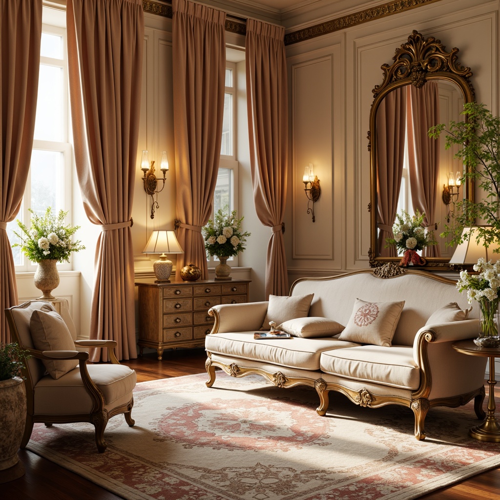 Prompt: Luxurious velvet fabrics, soft golden lighting, ornate mirrors, delicate florals, pastel hues, creamy whites, rich jewel tones, intricate patterns, gilded accents, ornamental details, lavish drapery, French provincial furniture, opulent textures, warm beige backgrounds, subtle sheen, shallow depth of field, 1/1 composition, elegant curves, refined ornamentation, dramatic contrasts.